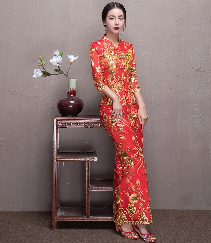 奢華花朵鳳凰刺繡中式禮服，唯美新娘魚尾禮服