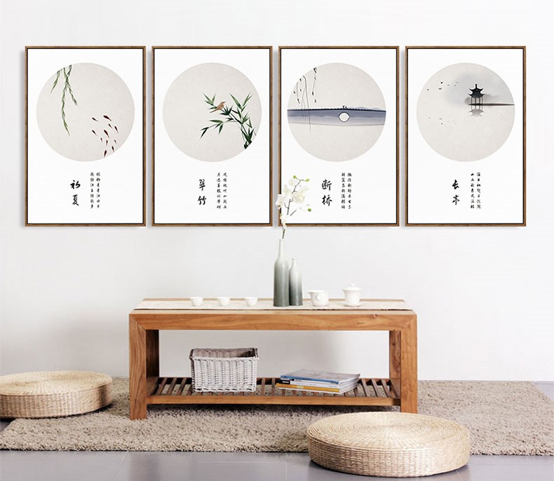 四款新中式禪意水墨畫，福連文苑客廳裝飾畫