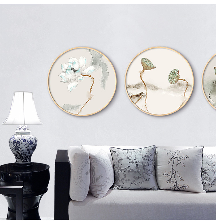 新中式寫(xiě)意蓮花福連文苑圓形裝飾畫(huà)