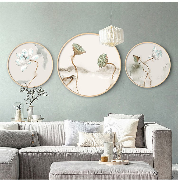 新中式寫(xiě)意蓮花福連文苑圓形裝飾畫(huà)