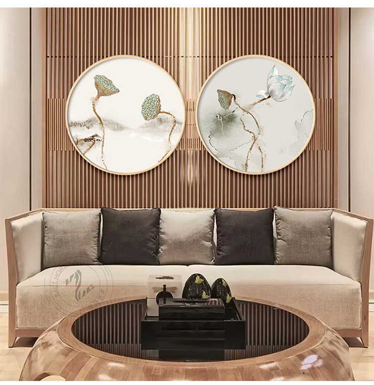 新中式寫(xiě)意蓮花福連文苑圓形裝飾畫(huà)