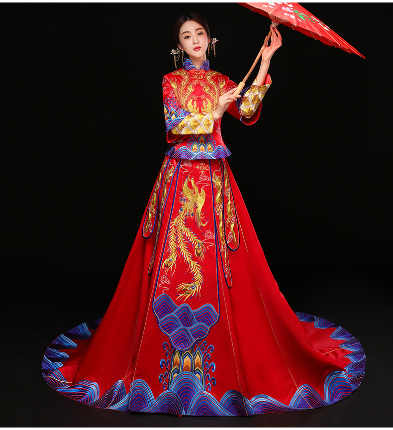 水波紋刺繡中式禮服，奢華拖尾新娘結(jié)婚禮服