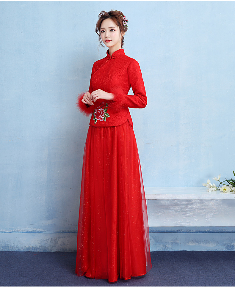 牡丹繡花中式禮服，福連文苑保暖晚禮服