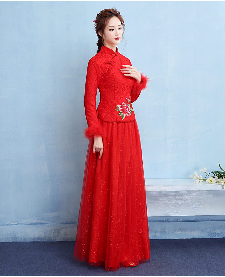 牡丹繡花中式禮服，福連文苑保暖晚禮服