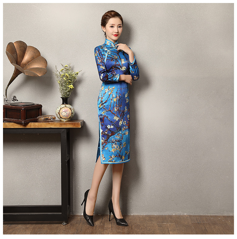 玉蘭枝藍(lán)色旗袍，長袖蠶絲加厚旗袍裙