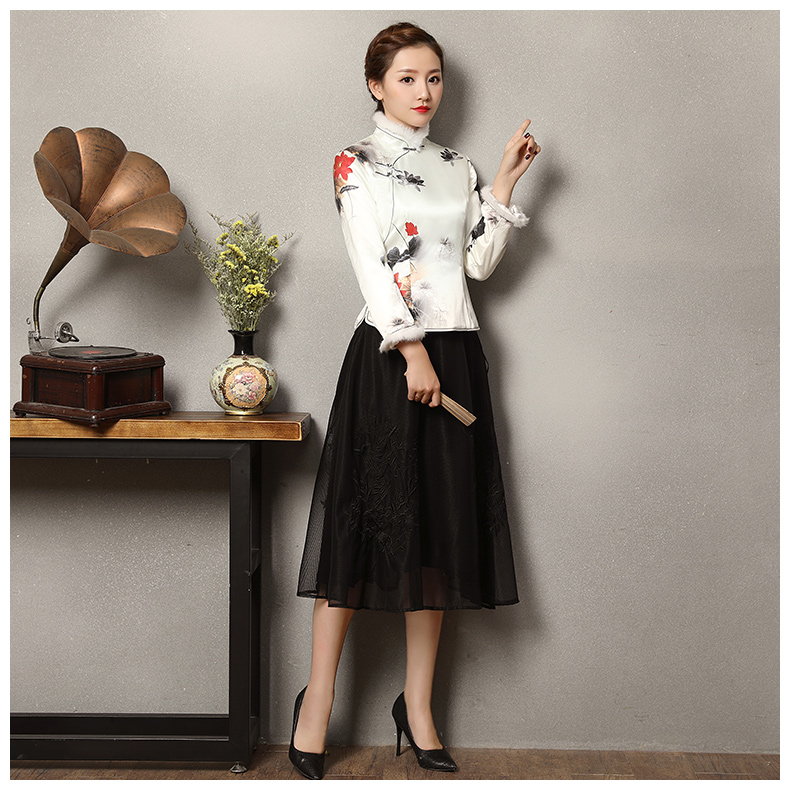 冬語(yǔ)印花復(fù)古加毛女士唐裝