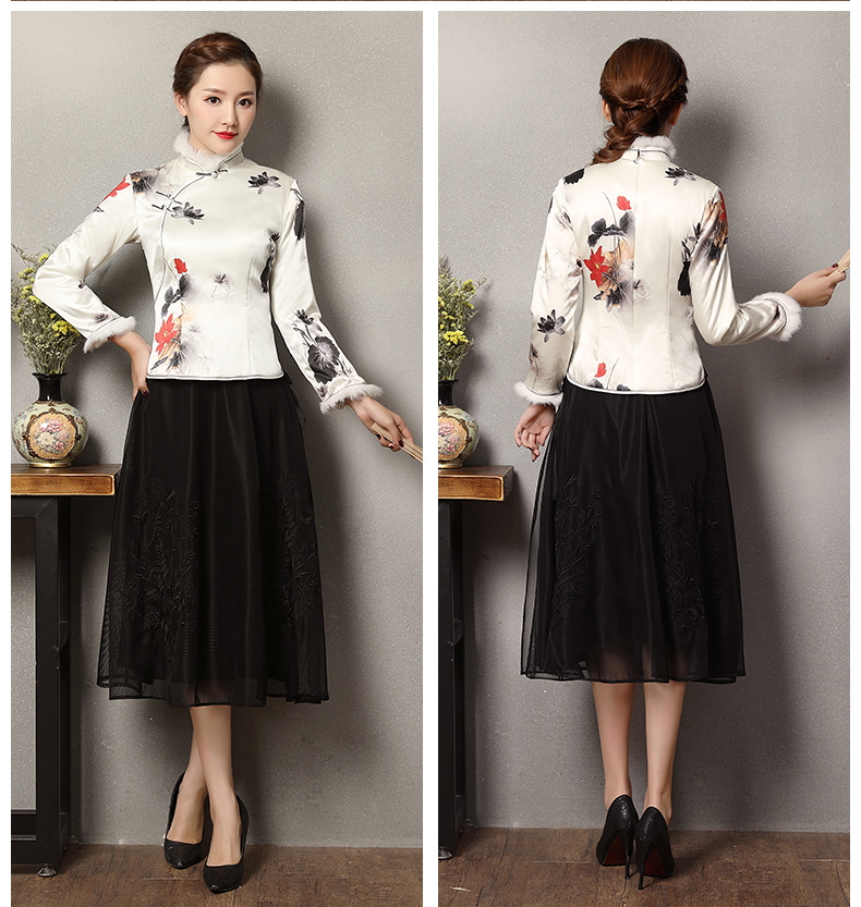 冬語(yǔ)印花復(fù)古加毛女士唐裝