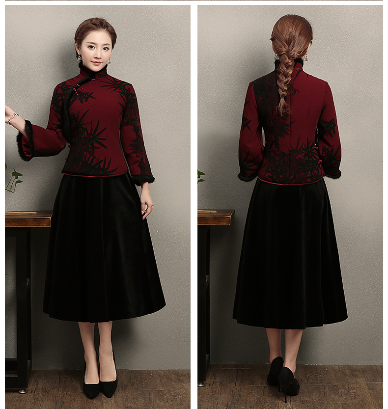 黑紅畫(huà)竹復(fù)古毛包邊女士唐裝