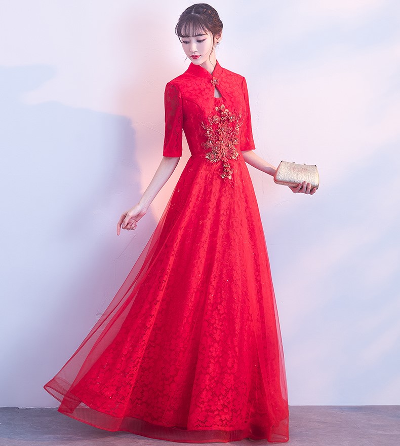 典雅氣質中式禮服，網紗蕾絲晚禮服