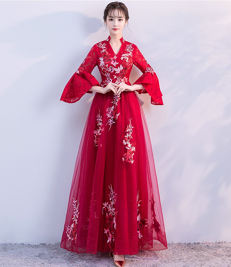 時(shí)尚喇叭袖中式禮服，性感唯美晚禮服