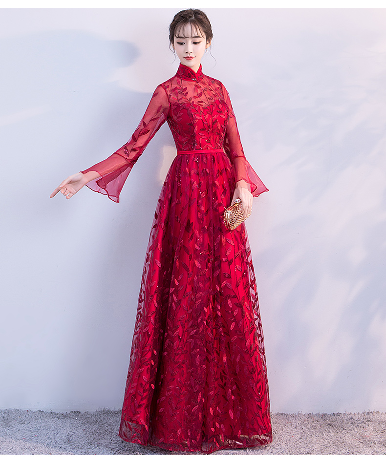 新穎喇叭袖中式禮服，性感鏤空繡花晚禮服
