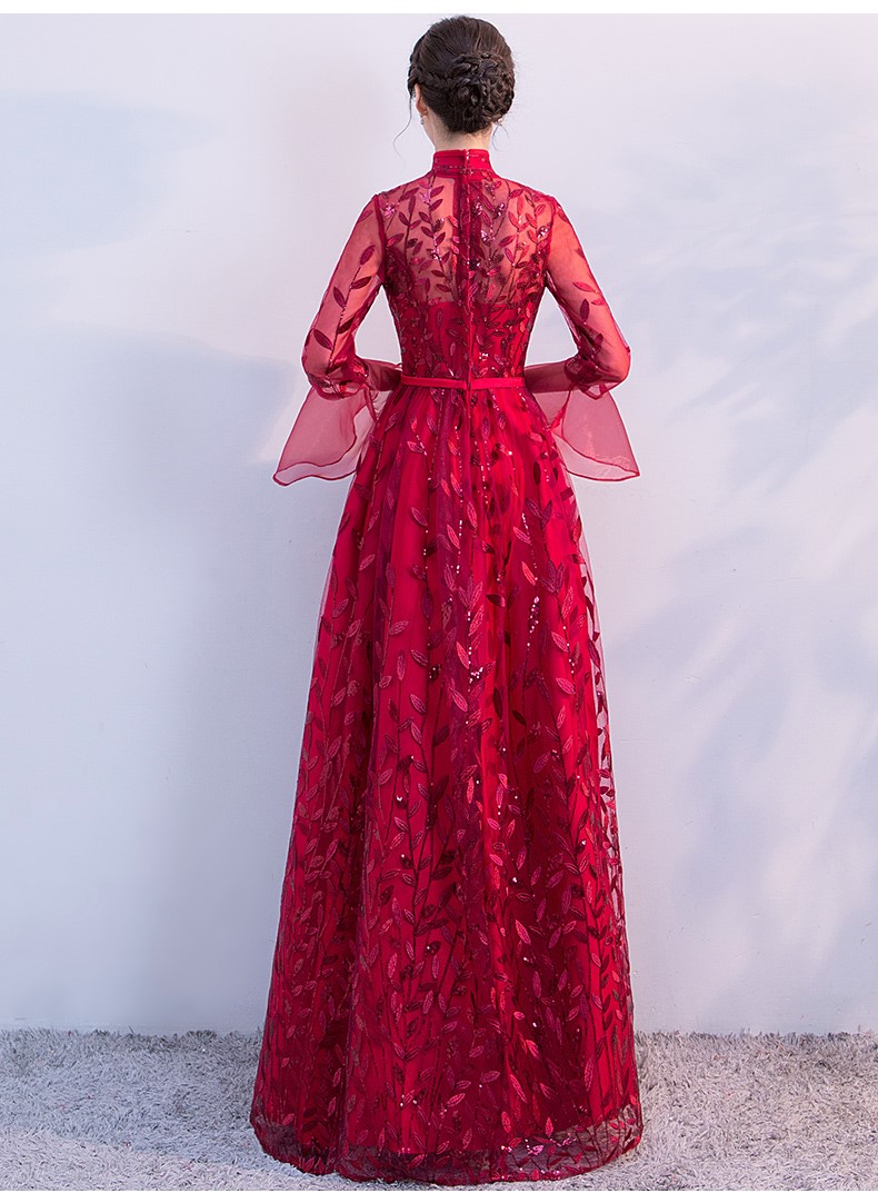 新穎喇叭袖中式禮服，性感鏤空繡花晚禮服