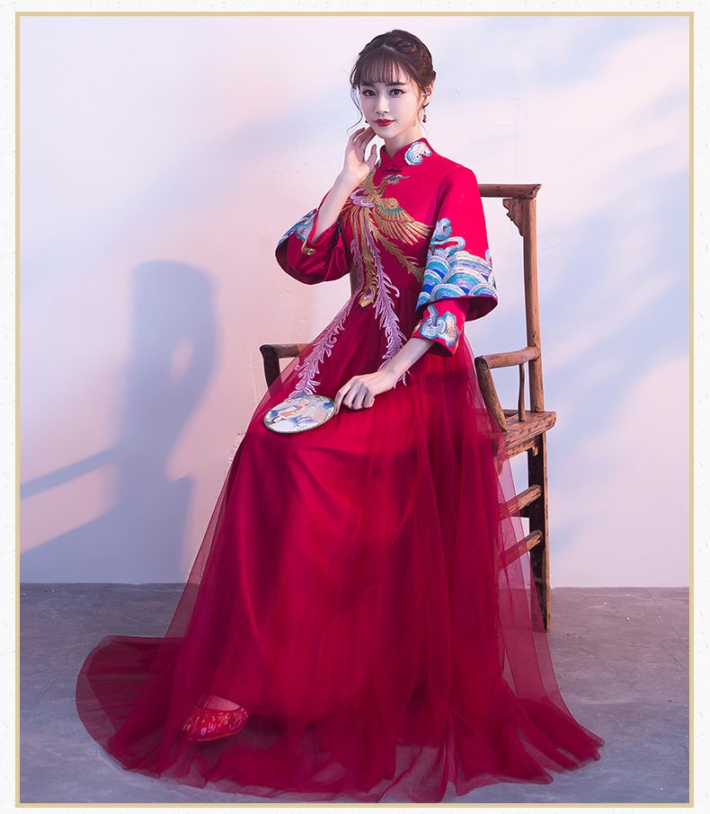 復(fù)古鳳凰刺繡中式禮服，福連文苑結(jié)婚晚禮服