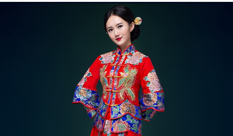 福連文苑中式禮服，鳳凰刺繡新娘結(jié)婚禮服