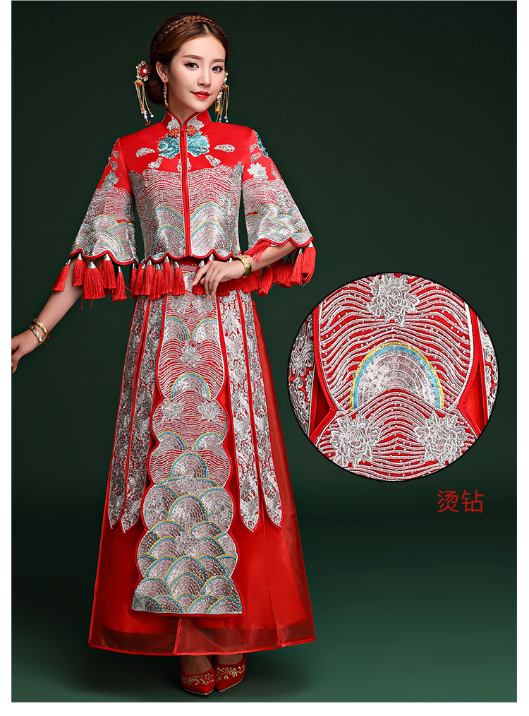 復(fù)古典雅中式禮服，袖波浪紋新娘結(jié)婚禮服