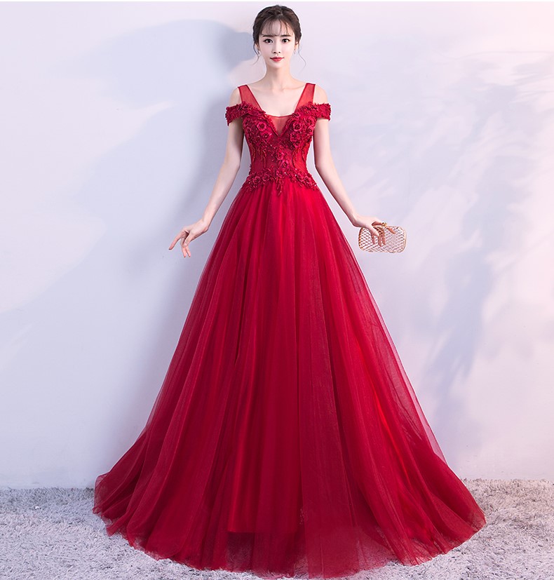 優(yōu)雅雙肩中式禮服,福連文苑立體繡花晚禮服