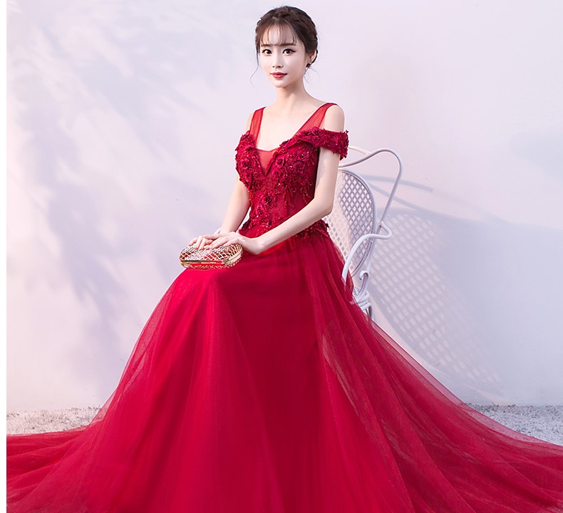 優(yōu)雅雙肩中式禮服,福連文苑立體繡花晚禮服