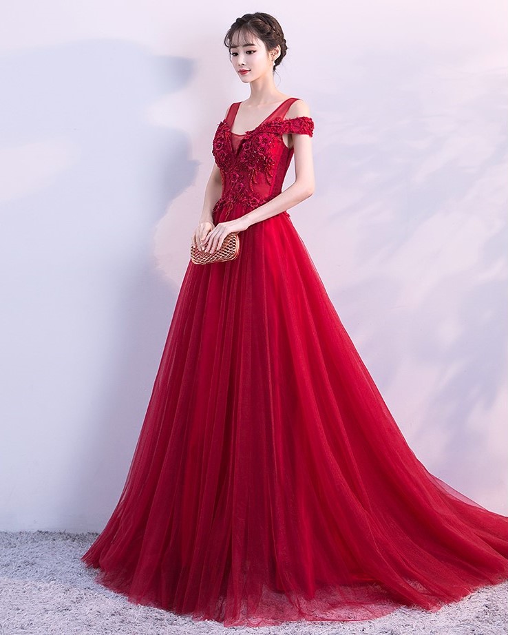 優(yōu)雅雙肩中式禮服,福連文苑立體繡花晚禮服