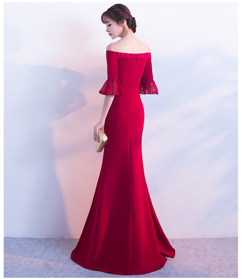 一字肩開叉中式禮服，甜美蕾絲袖口晚禮服