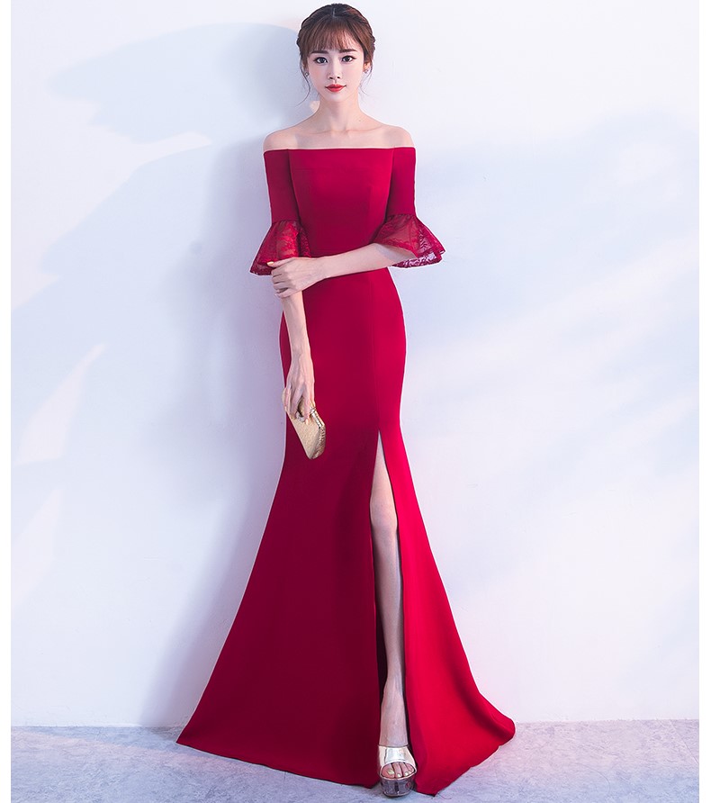 一字肩開叉中式禮服，甜美蕾絲袖口晚禮服