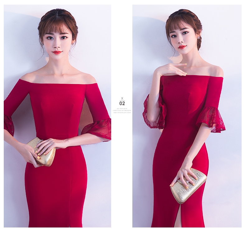 一字肩開叉中式禮服，甜美蕾絲袖口晚禮服