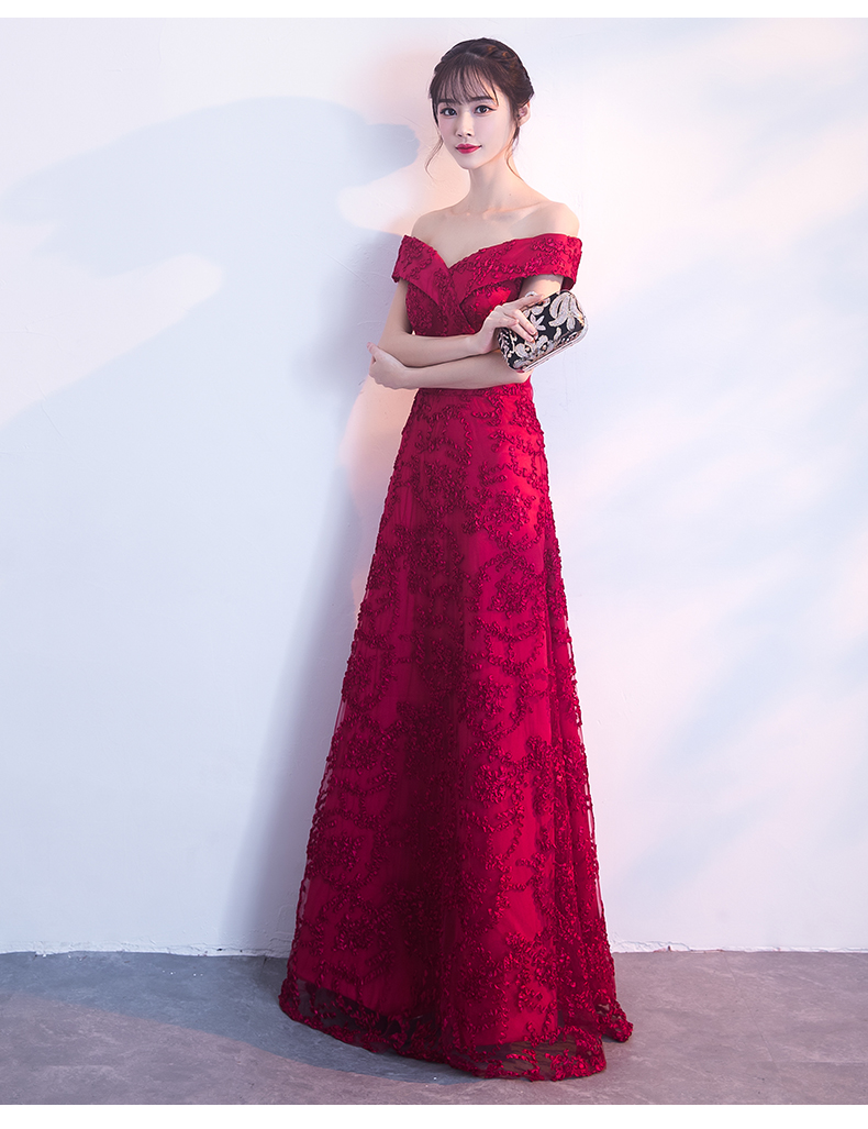 一字肩中式禮服，甜美蕾絲花晚禮服