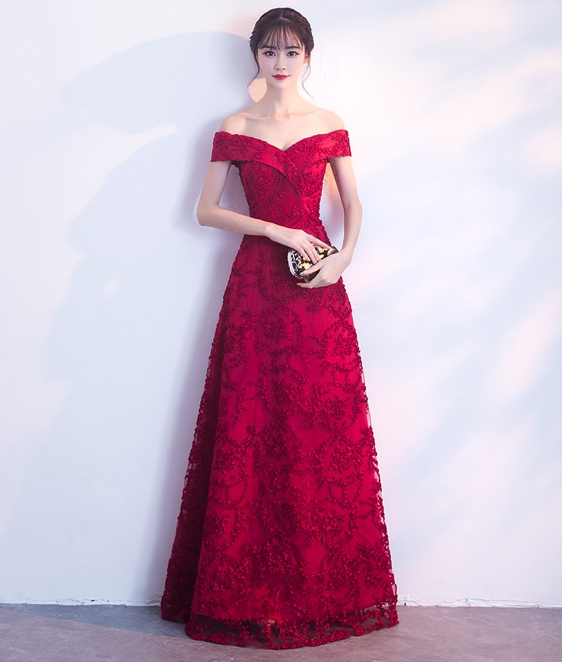 一字肩中式禮服，甜美蕾絲花晚禮服