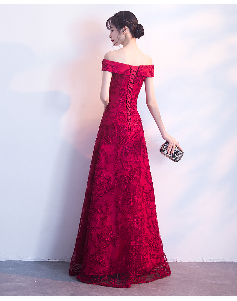 一字肩中式禮服，甜美蕾絲花晚禮服