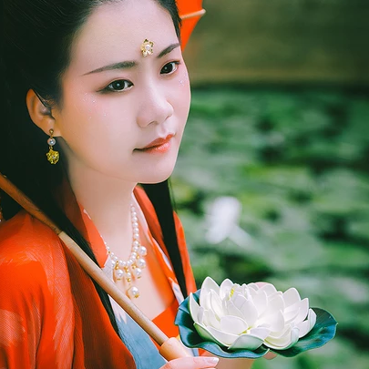 蓮池邊帶紅傘紅衣女生頭像，唯美古風(fēng)真人頭像
