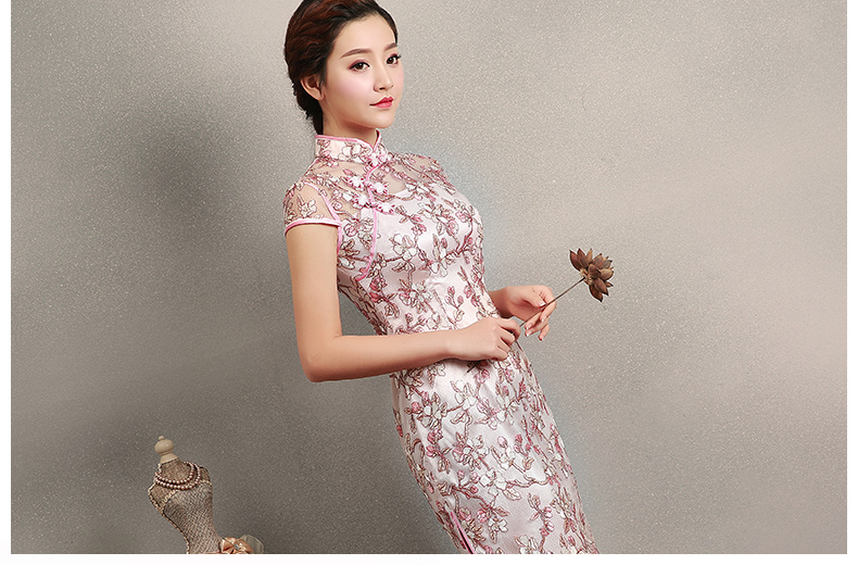 粉色繡花旗袍，蕾絲短款旗袍裙