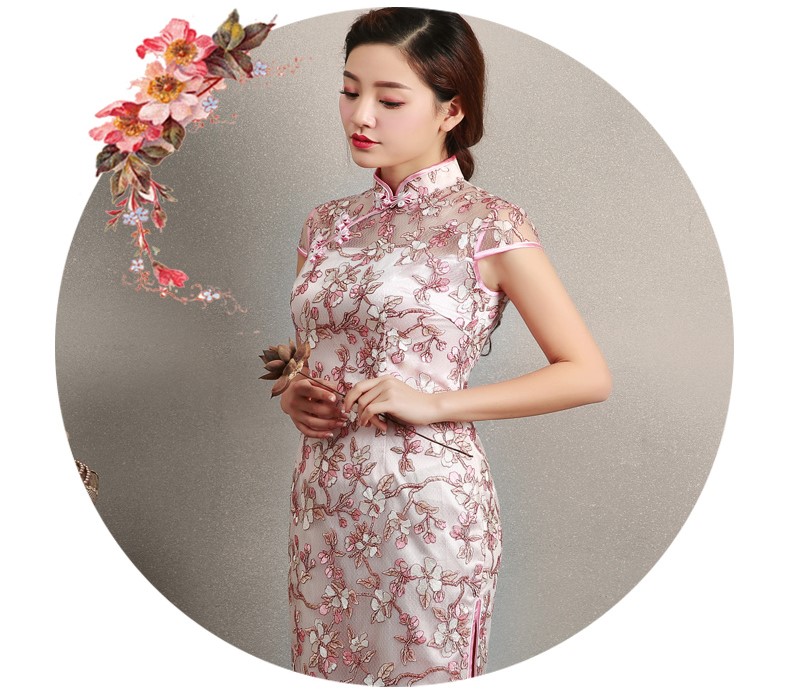 粉色繡花旗袍，蕾絲短款旗袍裙