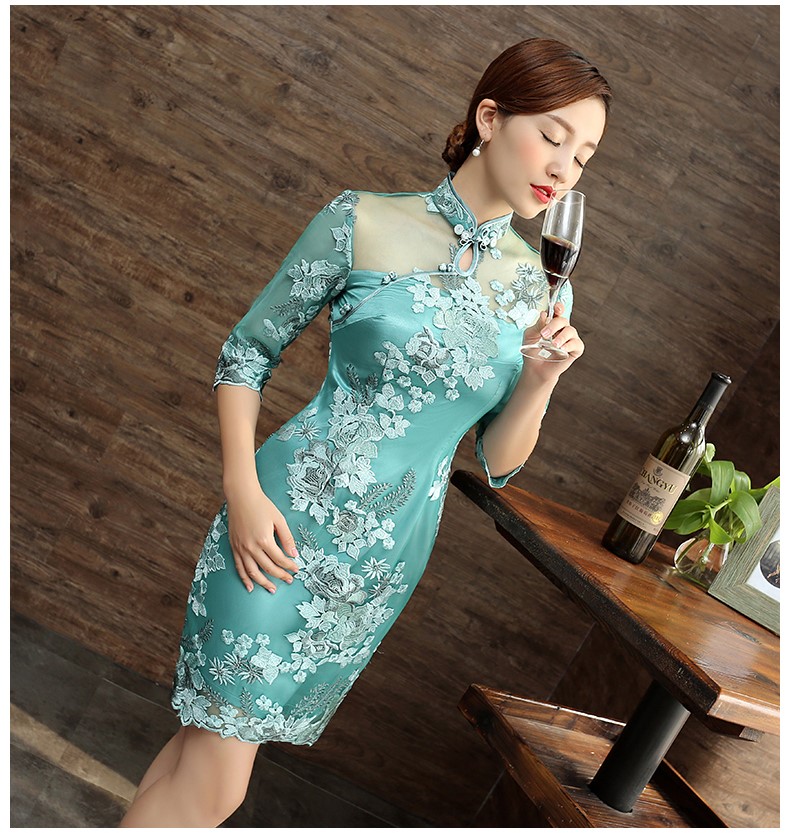 刺繡花瓣袖旗袍，復古蕾絲短款旗袍裙