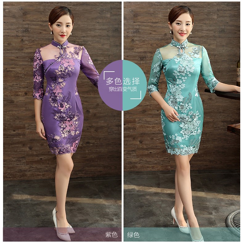 刺繡花瓣袖旗袍，復古蕾絲短款旗袍裙