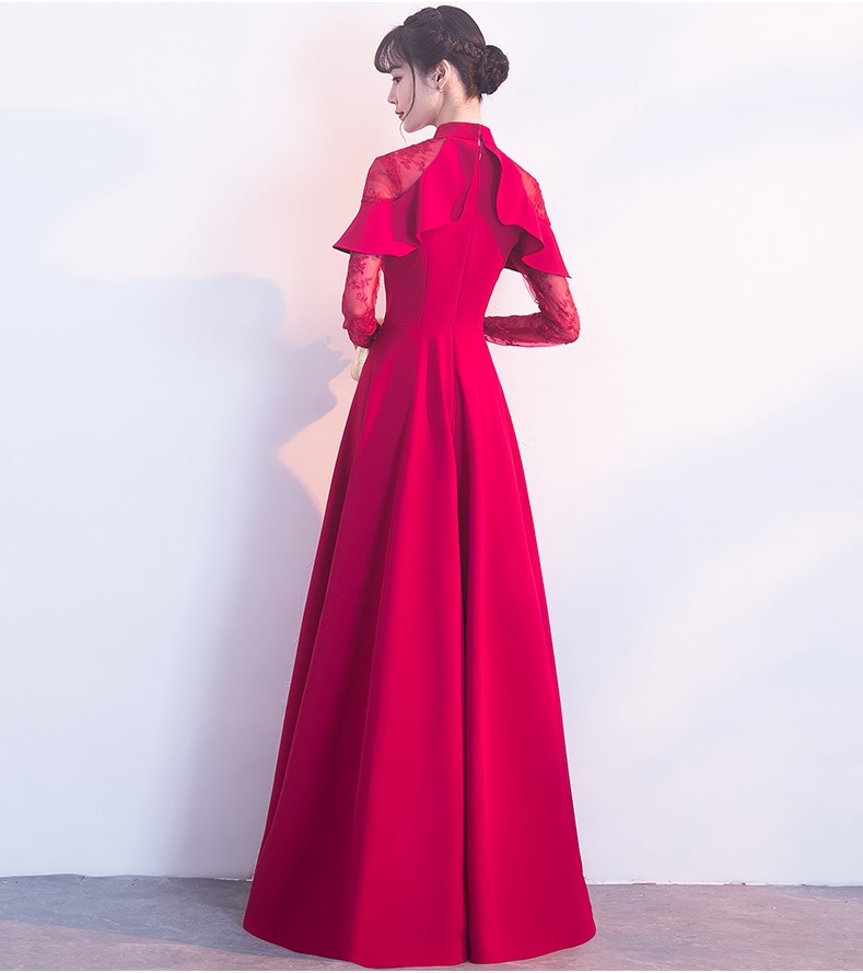 紅色長款中式禮服，荷葉邊氣質晚禮服裙