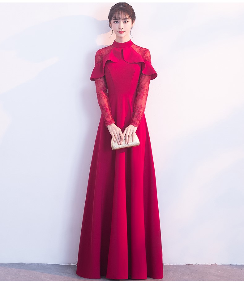 紅色長款中式禮服，荷葉邊氣質晚禮服裙