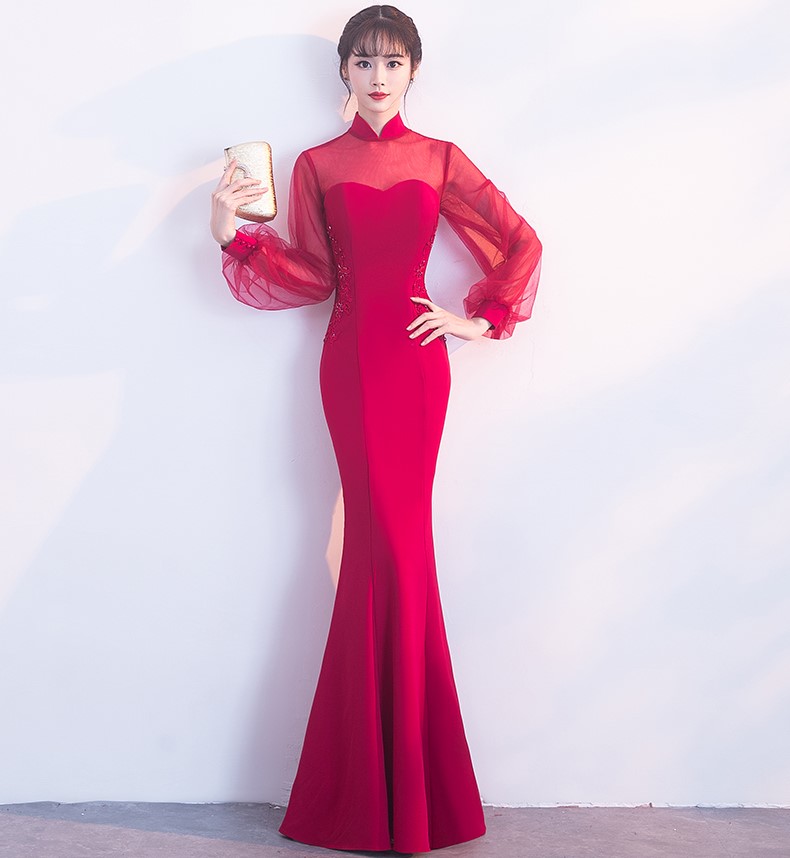 時(shí)尚魚(yú)尾中式禮服，半透燈籠袖氣質(zhì)晚禮服