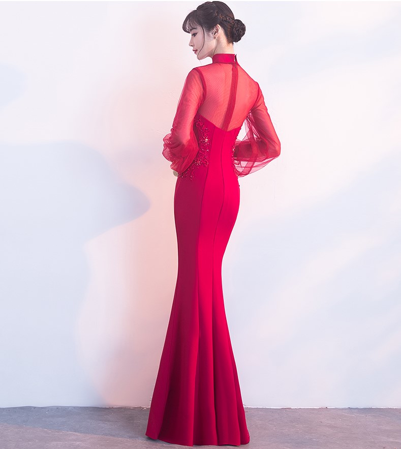 時(shí)尚魚(yú)尾中式禮服，半透燈籠袖氣質(zhì)晚禮服