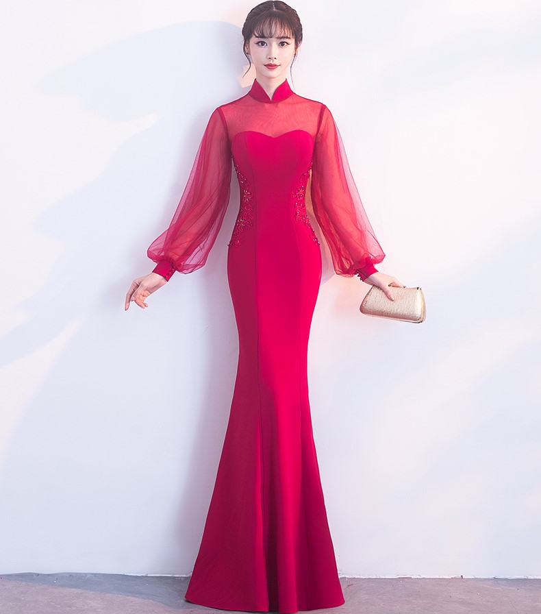 時(shí)尚魚(yú)尾中式禮服，半透燈籠袖氣質(zhì)晚禮服
