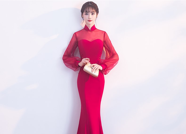 時(shí)尚魚(yú)尾中式禮服，半透燈籠袖氣質(zhì)晚禮服