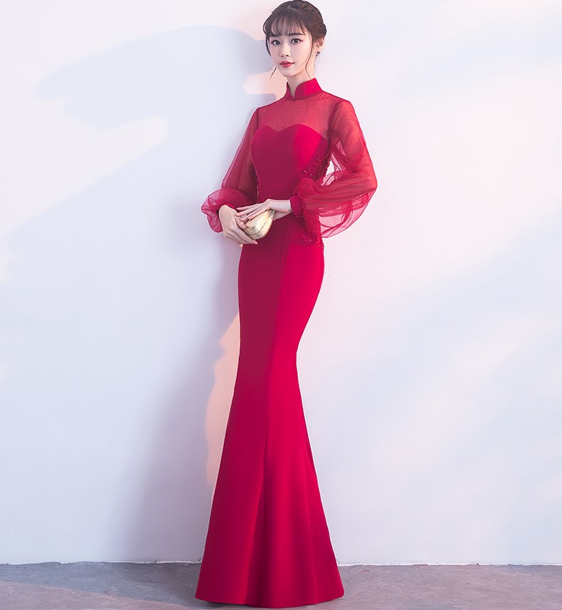 時(shí)尚魚(yú)尾中式禮服，半透燈籠袖氣質(zhì)晚禮服