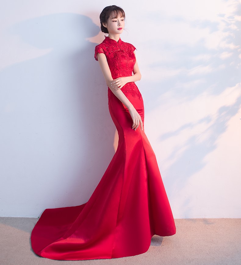 時尚魚尾拖尾中式禮服，蕾絲氣質(zhì)晚禮服