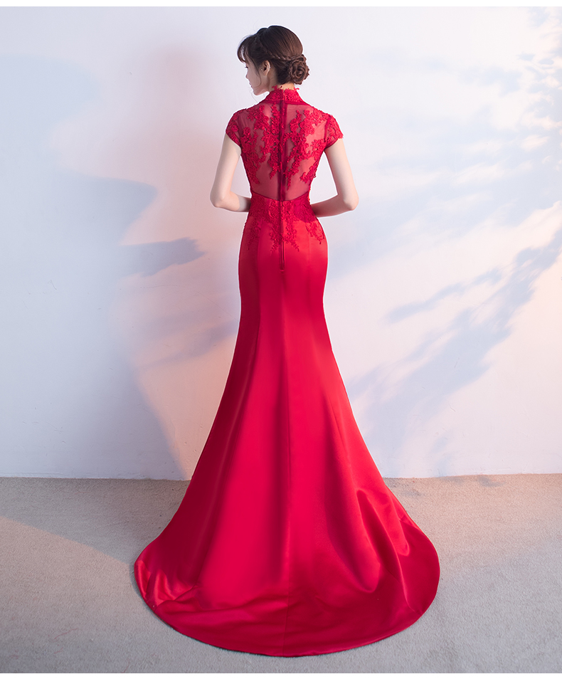 時尚魚尾拖尾中式禮服，蕾絲氣質(zhì)晚禮服