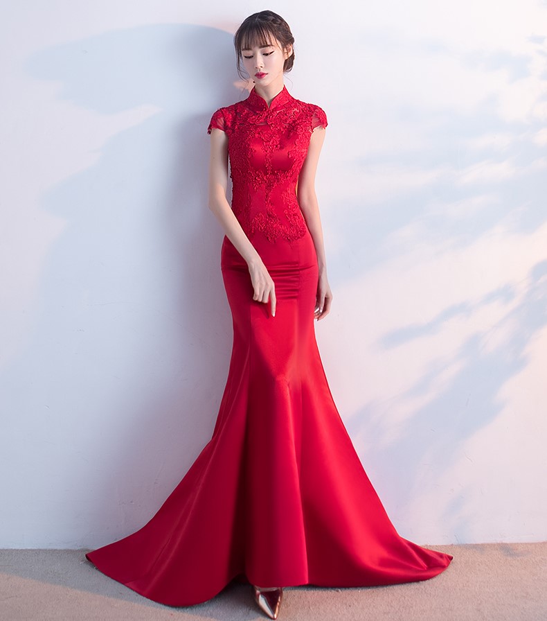 時尚魚尾拖尾中式禮服，蕾絲氣質(zhì)晚禮服