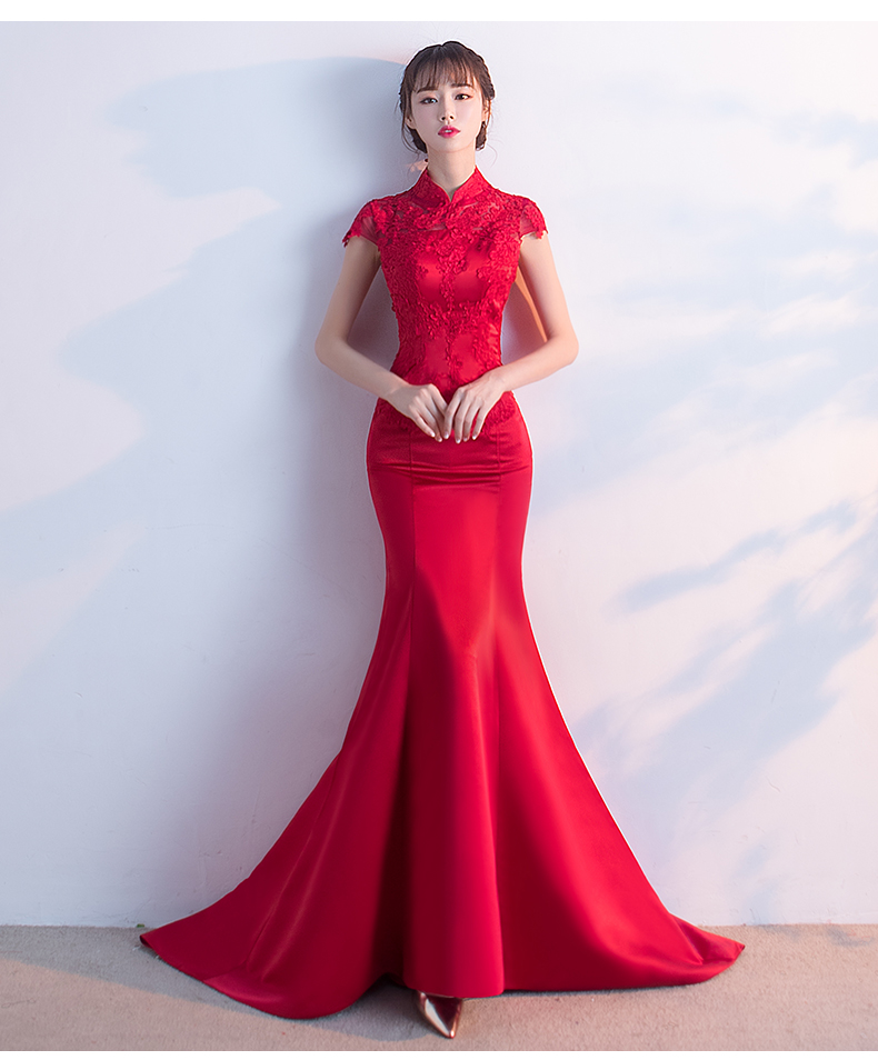 時尚魚尾拖尾中式禮服，蕾絲氣質(zhì)晚禮服