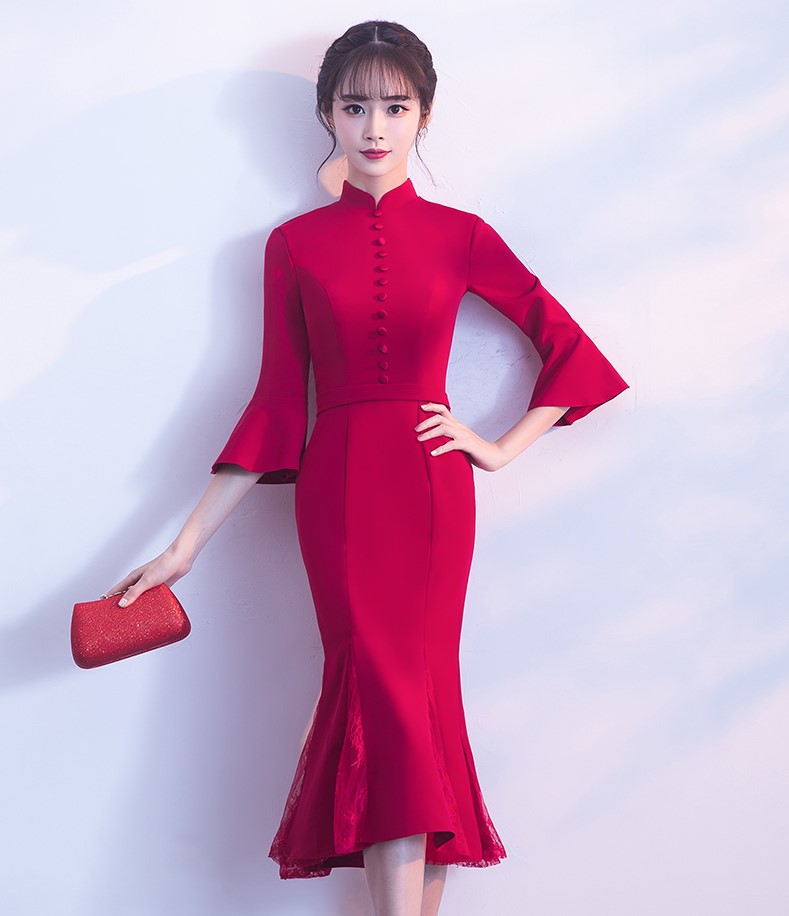 復(fù)古魚尾中式禮服，氣質(zhì)修身晚禮服