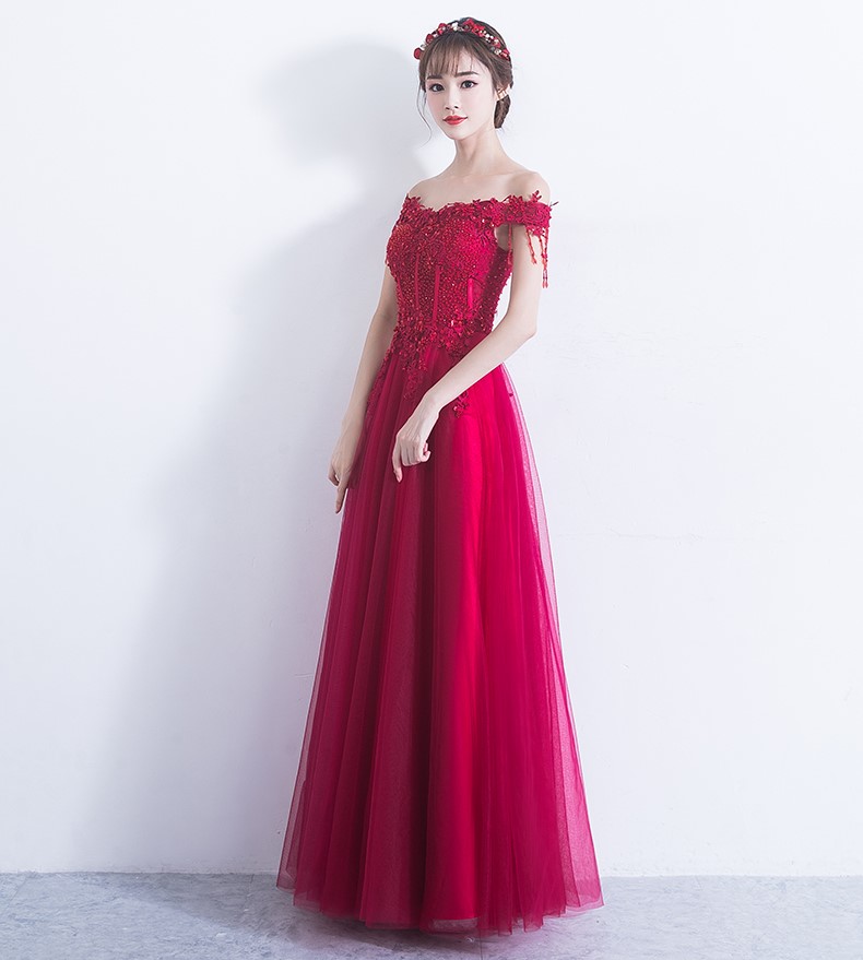 性感一字肩中式禮服，唯美流蘇珠花晚禮服