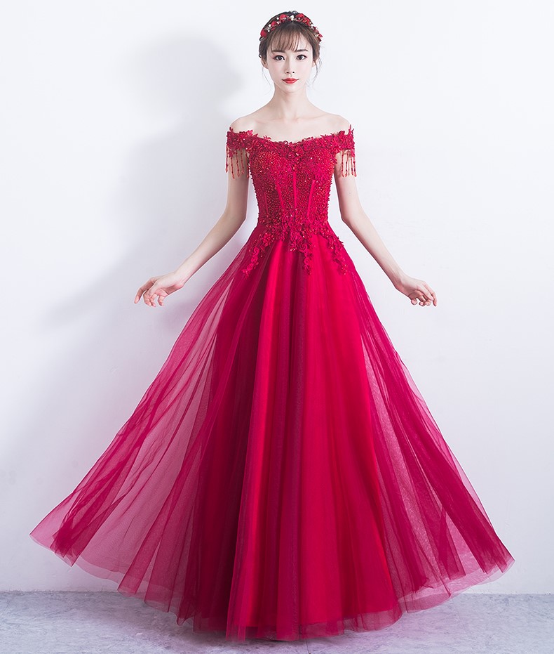 性感一字肩中式禮服，唯美流蘇珠花晚禮服