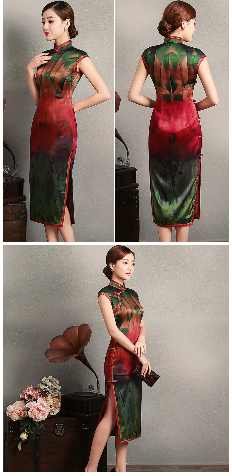 嬌艷短袖旗袍，蠶絲香林旗袍裙