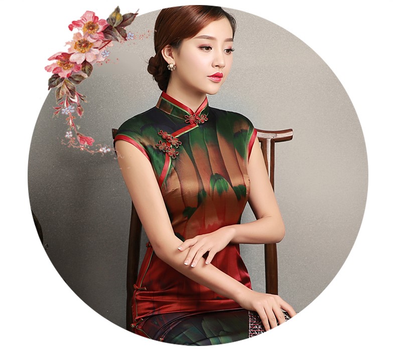 嬌艷短袖旗袍，蠶絲香林旗袍裙