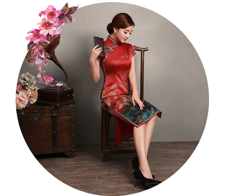 花團錦簇短袖旗袍，蠶絲印花旗袍裙